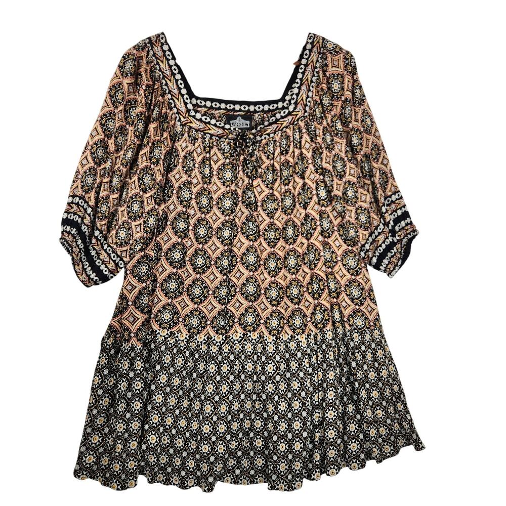 Angie Relaxed Fit Boho Dress Women’s SZ S Black/Yellow Geometric Medallion EUC